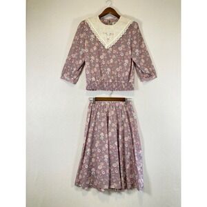 Vintage Cottagecore JFII Petites Women 8P Pink Floral Lace Bib Skirt Set 84433